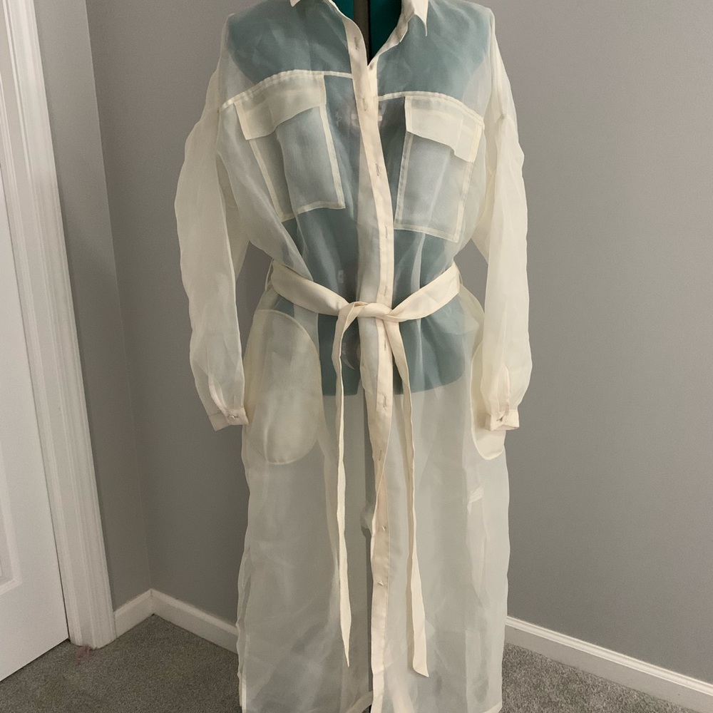 Sheer Cream Belted Shirt Dress